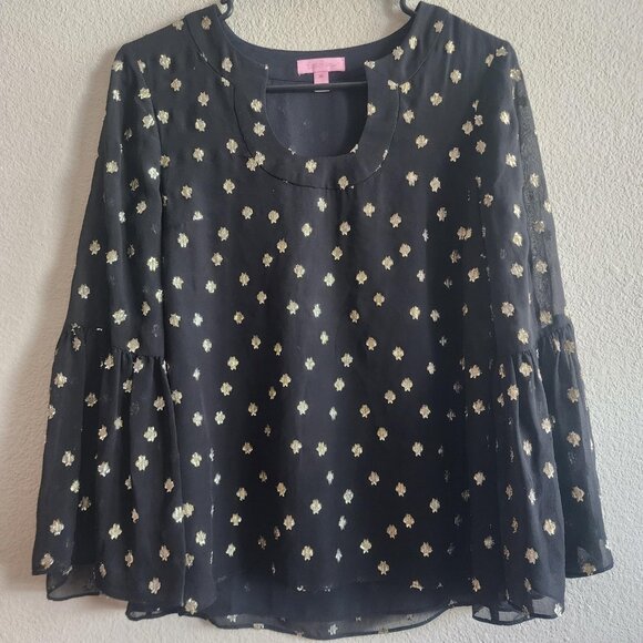 Lilly Pulitzer Blouse Womens XS Black Gold Metallic Silk Bell Sleeve Top 28745 - Picture 1 of 11
